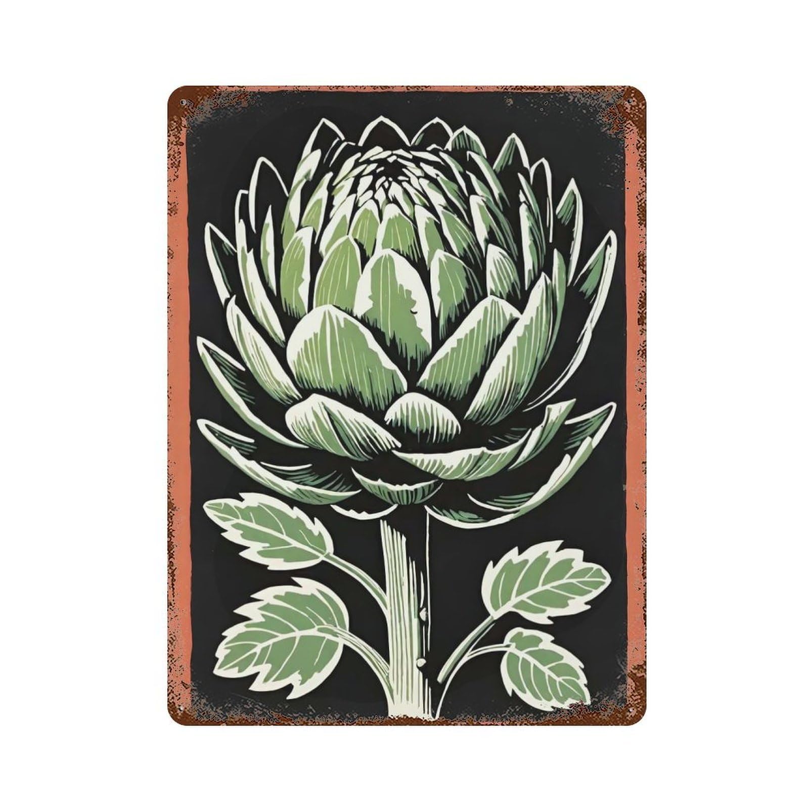 Rust Effect Linocut Artichoke Aged Metal Wall Plaque 15.7"x11.8", Shabby Chic Decor for Living Room, Hallway And Home Decor