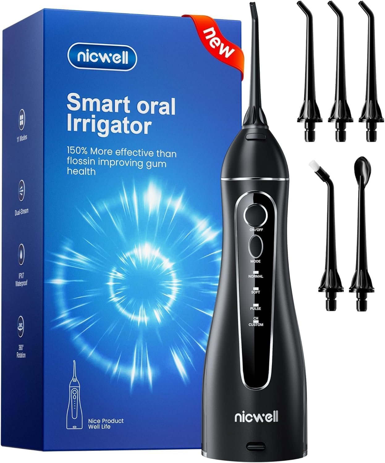 Nicwell Water Dental Flosser for Teeth - 4 Modes & 11 Pressure Settings Cordless Portable Oral Irrigator, IPX7 Waterproof Rechargeable with 5 Tips for Braces Cleaning, Travel, Deep Teeth Cleaning