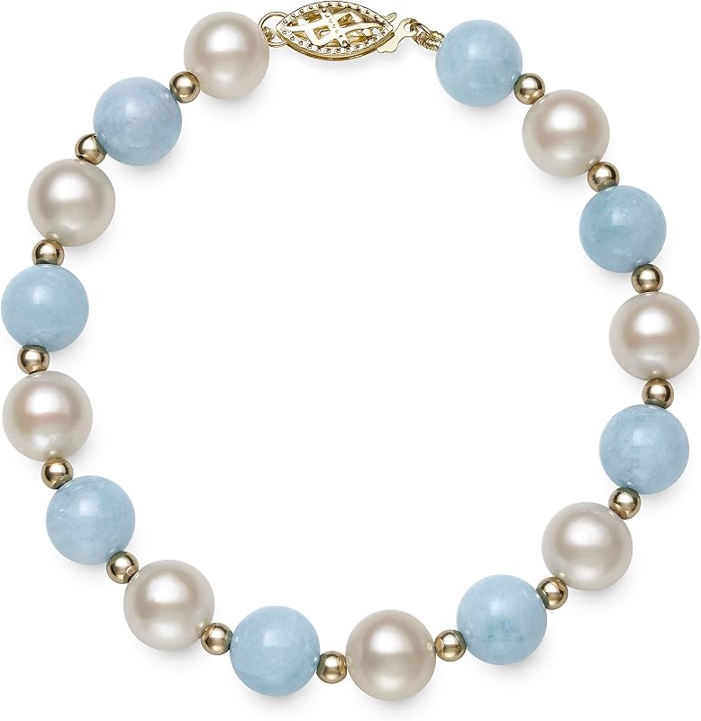 Belacqua Natural Blue Aquamarine and Cultured Freshwater Pearl Bracelet | 14K Yellow Gold Beads, Size - 8.0-8.5mm, Length - 6.5-8.5 Inches, Real Pearl Jewelry for Women, Gift Box Included