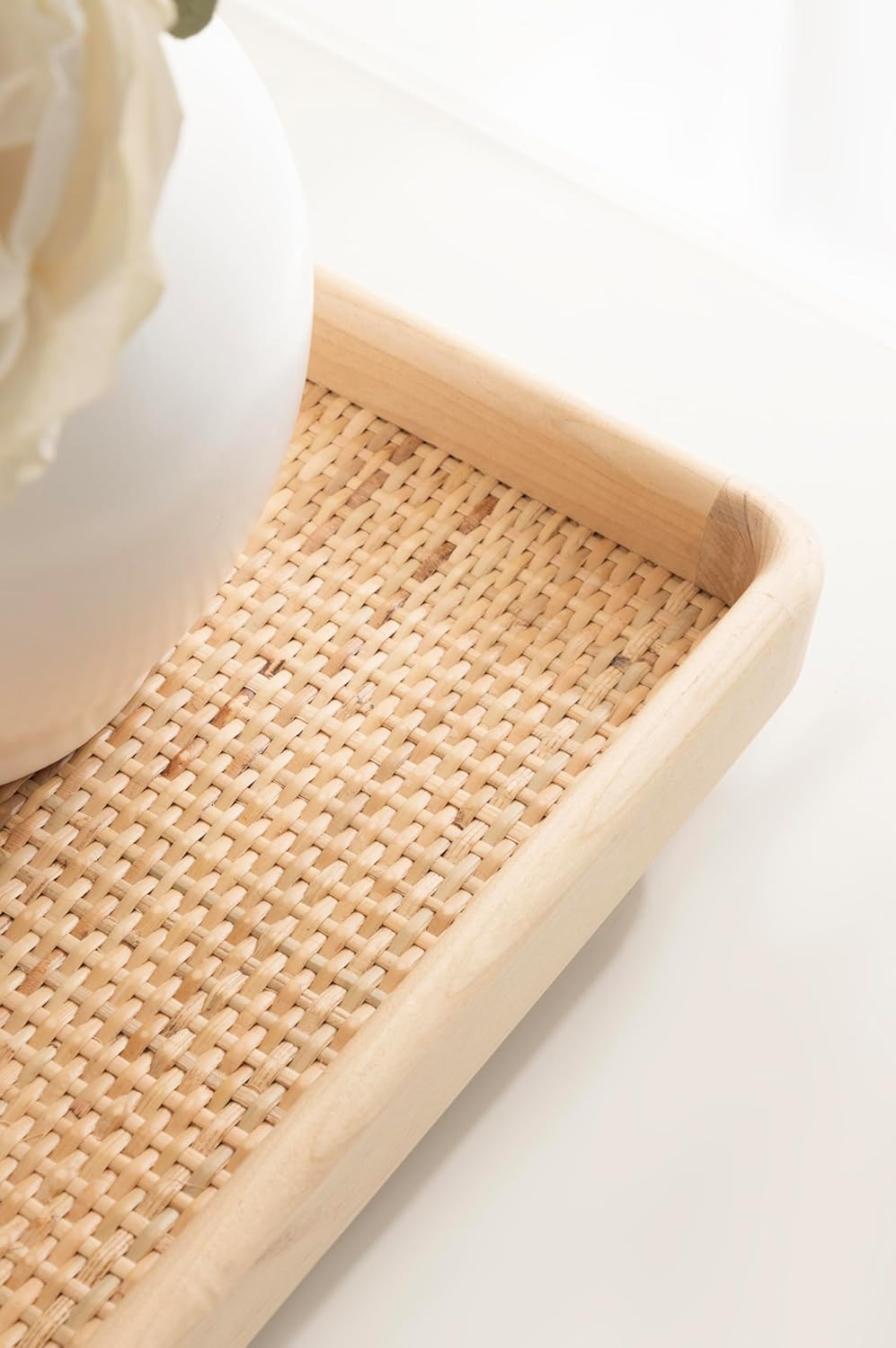 Kate and Laurel Planche Decorative Footed Woven Rattan Tray with Solid Wood Frame, 17 x 12, Natural, Modern Wood Rectangle Serving Tray for Living Room or Entryway Decor