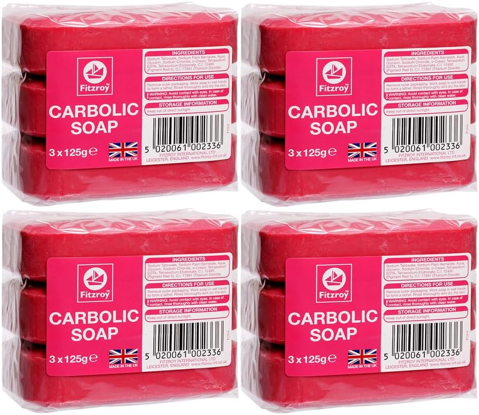 Carbolic Soap Original 12 Bars (4 Packs of 3x125g soaps) | Antibacterial Soap | Antifungal Soap | Laundry Soap Bar | Traditional Antiseptic Soap | Bars of Soap for Household & Industrial Use