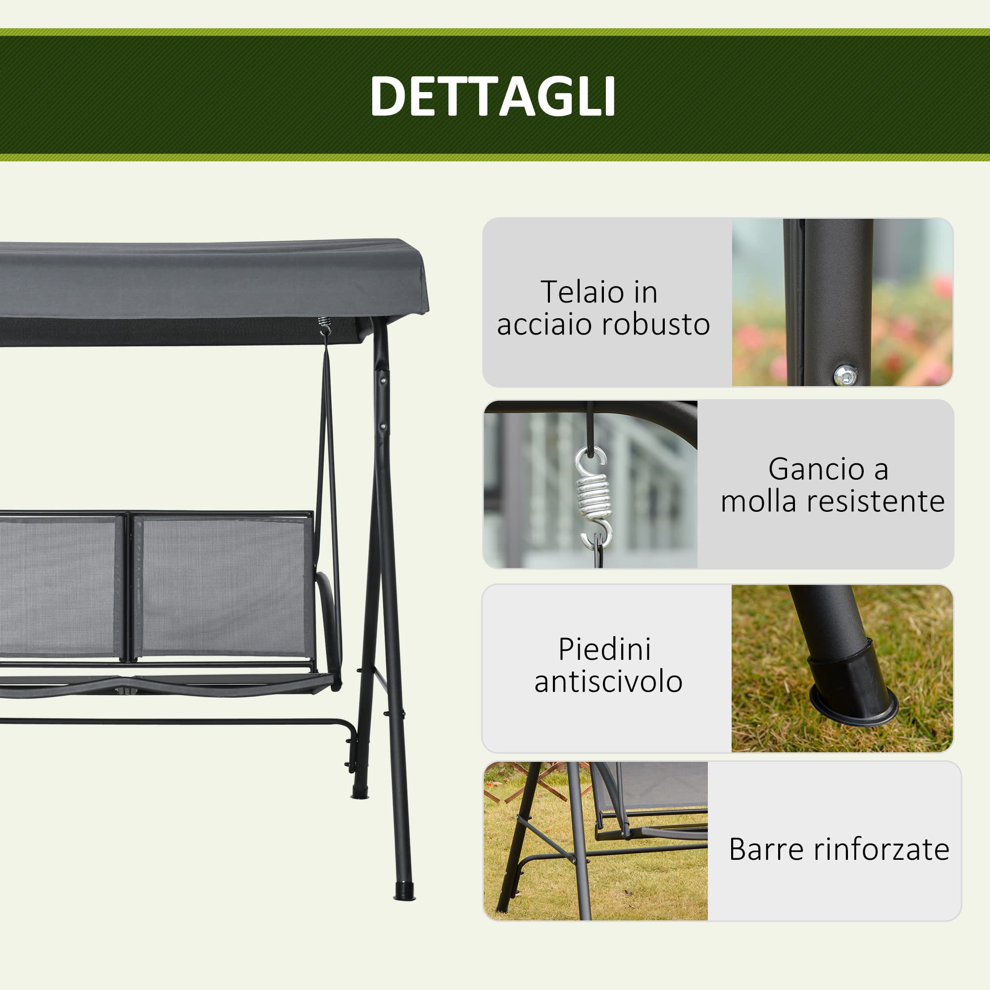 Outsunny Dondolo a 2 Posti da Giardino per Esterni con Tettuccio Regolabile e Seduta in Texteline, 140x118x162cm Grigio