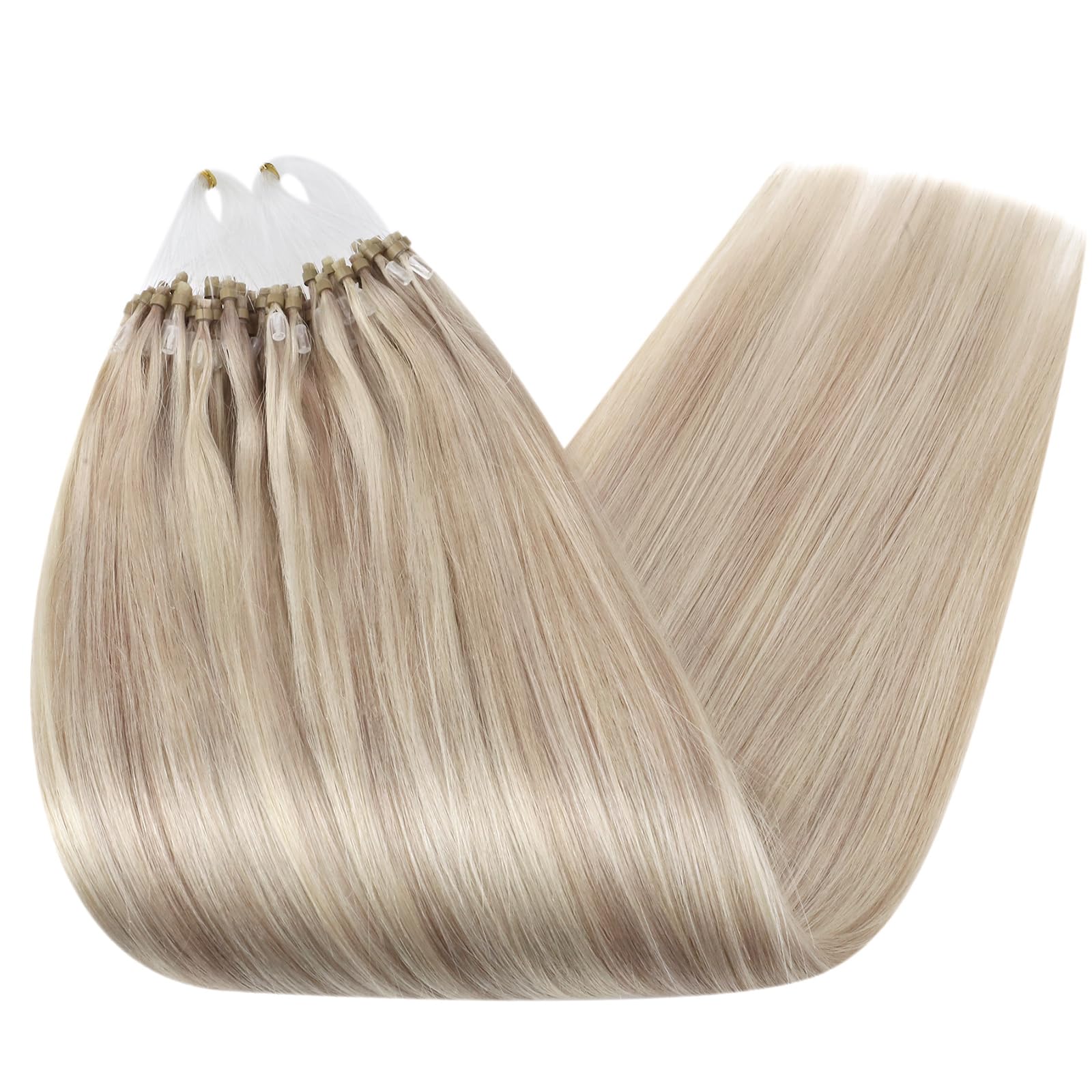Ugeat Przedłużanie Włosów Mikro Link, Włosy Ludzkie, Pasemka Popielaty Blond, 50 cm 50 sztuk 50g, Przedłużanie Włosów Mikro Koralik Popielaty Blond, Remy Proste