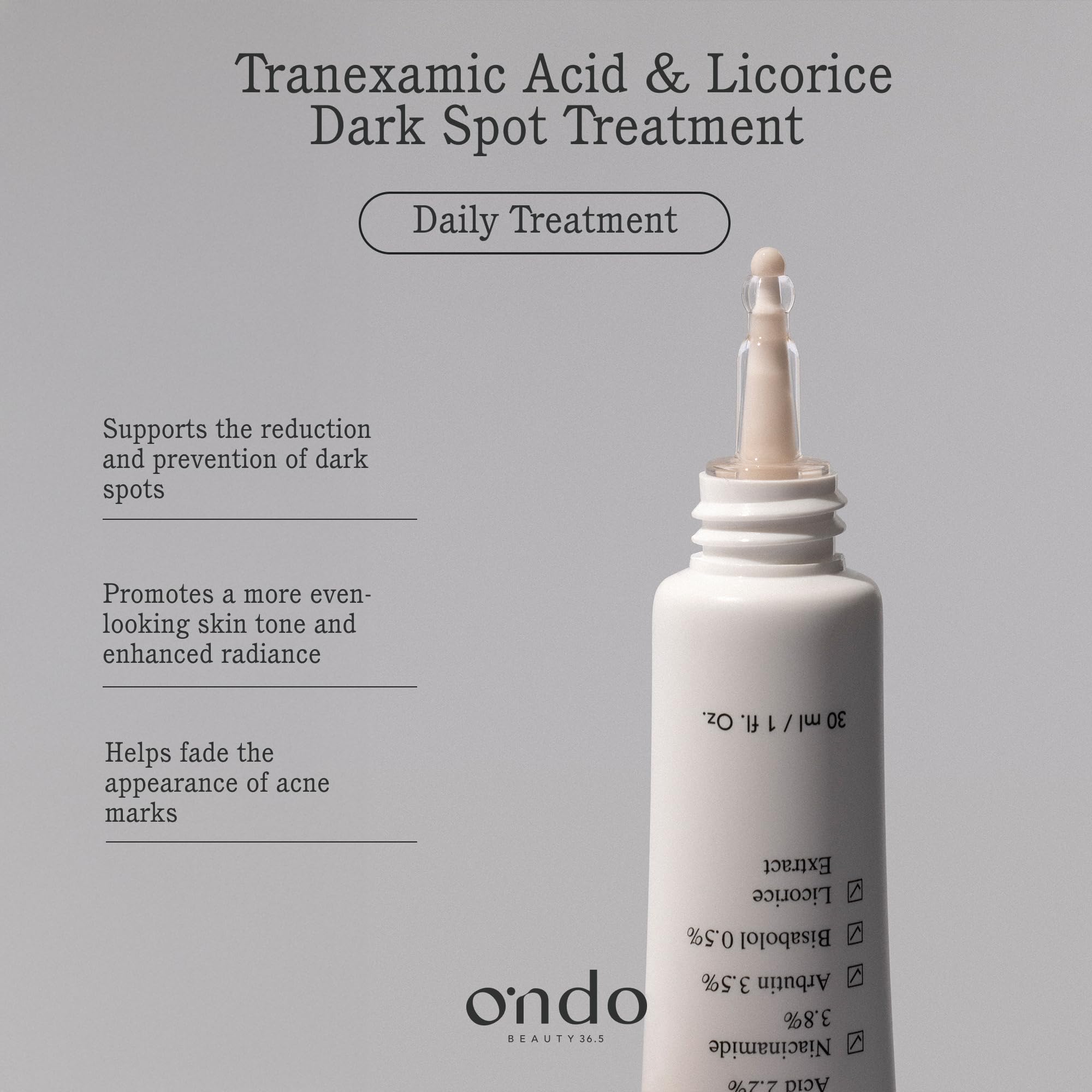 Ondo Beauty 36.5 TRANEXAMIC ACID & LICORICE DARK SPOT TREATMENT, Wegański krem z kwasem traneksamowym i niacynamidem, zabieg na plamy na twarzy, przebarwienia, jednolity odcień skóry, 30 ml