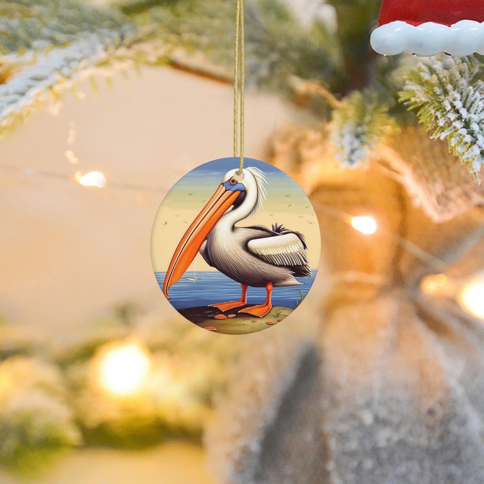 Christmas Tree Ornaments Ceramics Christmas Round Decorations Pelican Birds Ceramics Ornaments Circle Pentagram Xmas Tree Hanging Pendant for Christmas Tree Party Holiday Home Decor