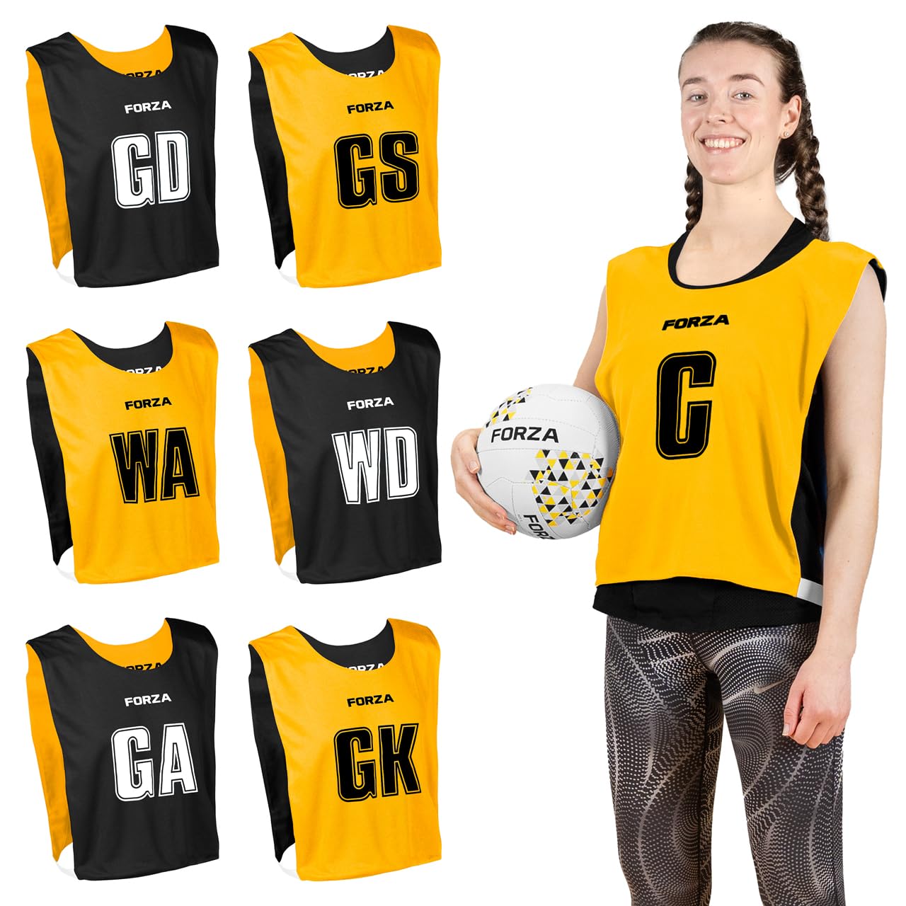 FORZA Pro Reversible Netball Bibs [Pack of 7] | 2-in-1 Design with 5 Colour Combinations - Ideal for Schools & Sports Clubs (Yellow & Black, Large)