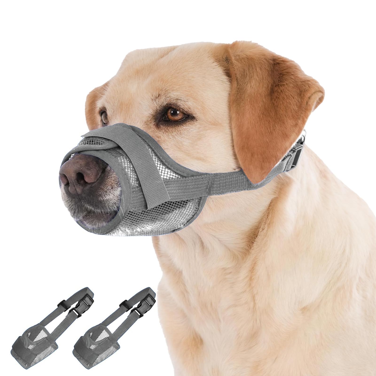 Soft Mesh Dog Muzzle 2-Pack, No Bite Escape-Proof Design, Breathable Adjustable for Aggressive Dogs & Chewing Prevention – Vet-Approved for Grooming, Training, Small Medium Large Breeds (Grey, XL)