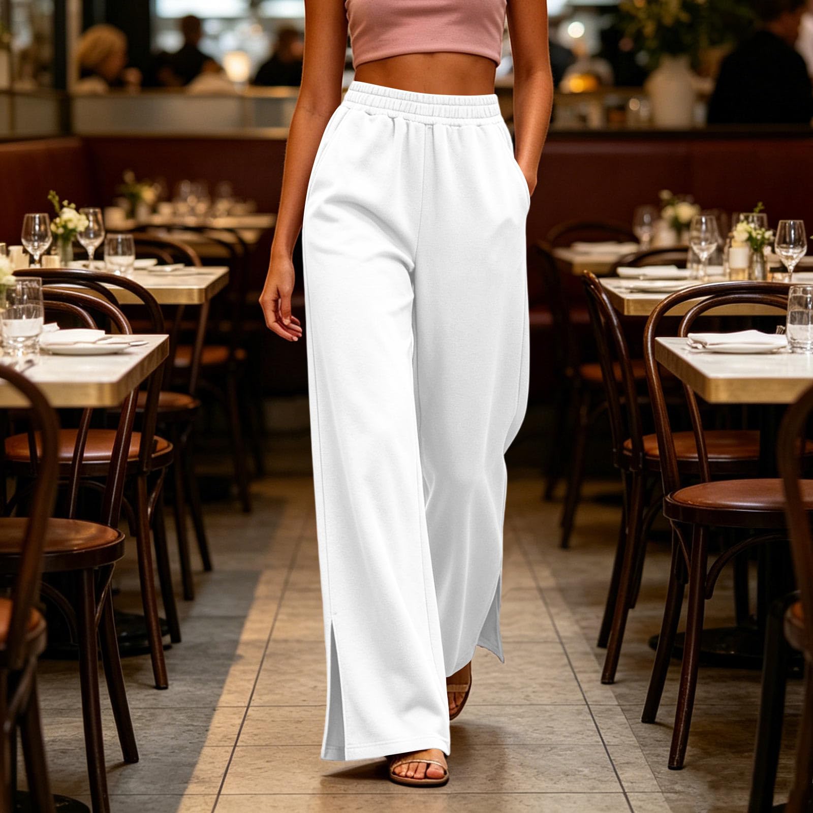 Pantaloni Tuta Donna Pantaloni da Jogging a Vita Alta Comodi Pantalone a Gamba Larga Larghi e Leggeri Pant Lunghi Tinta Unita Pantalone Sportivi con Tasche Dritti Pants Baggy per Allenamento e Fitness