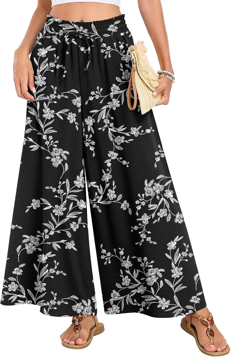 Netsmile Women's Wide Leg Palazzo Pants Dressy Flowy Casual High Waist Drawstring Beach Boho Trousers with Pockets - Image 2