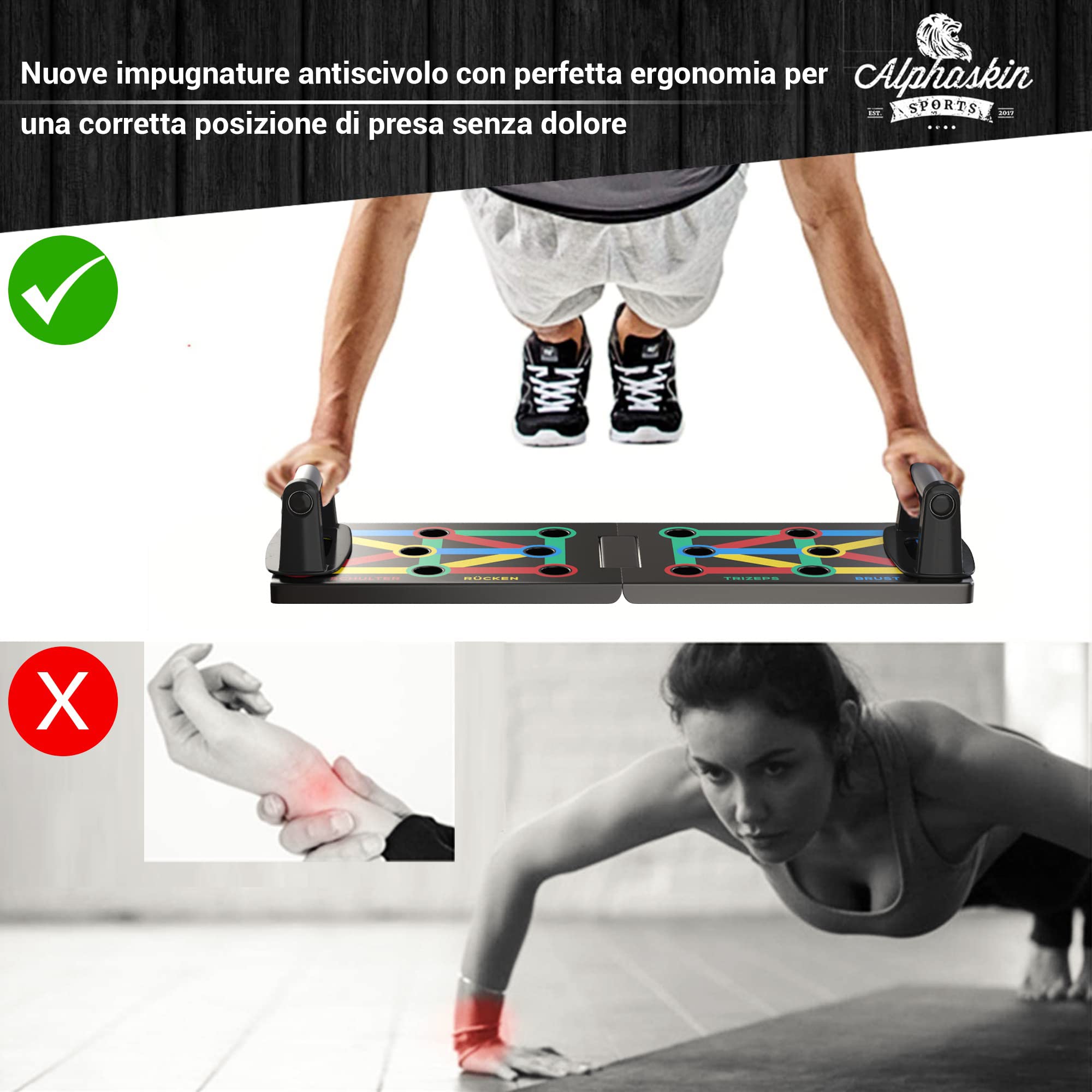 ALPHASKIN® Set di tavole per flessioni Premium I maniglie per flessioni allenamento a casa I Tavola per flessioni 9 in 1 I palestra di casa I Attrezzatura per il fitness a casa