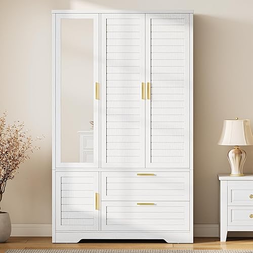Miniatura 3 de Armario Armario con espejo – Armario de almacenamiento de ropa de madera de 71 pulgadas, Armario con puertas y 2 cajones, Armarios independientes