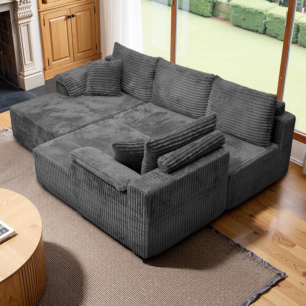Sofa narożna w kształcie litery U, ciemnoszara, modułowa sofa ze sztruksu, kompresyjny zestaw wypoczynkowy z opakowaniem kompresyjnym – nie zajmuje dużo miejsca do salonu i rodziny