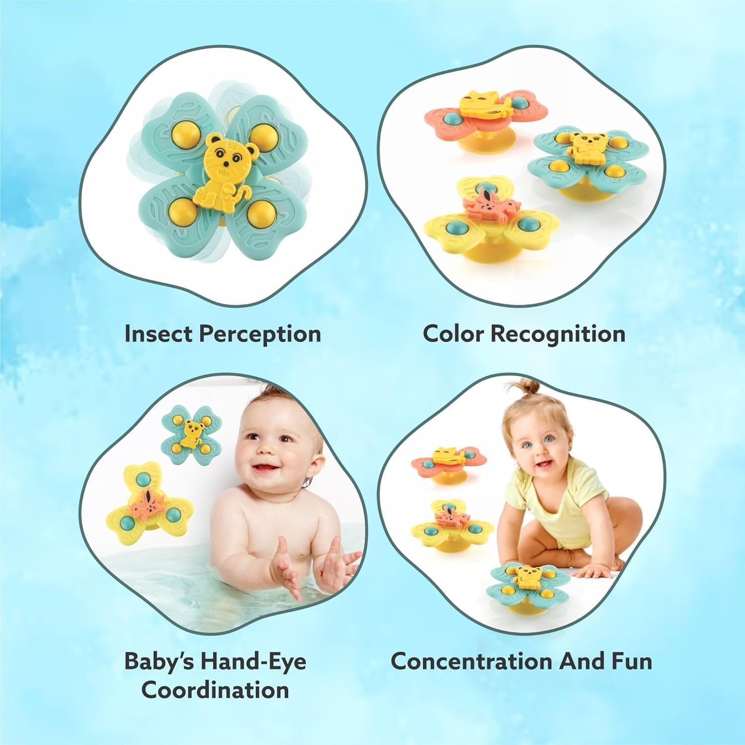 Supreme Deals® Spinning Bath Toy 3Pcs Silicone Suction Cup Base Sensory Waterproof Bath Spinner Bath Sticks to Rotating Learning Baby Smooth Surface Chair Tray for Kids (3Pcs) 4