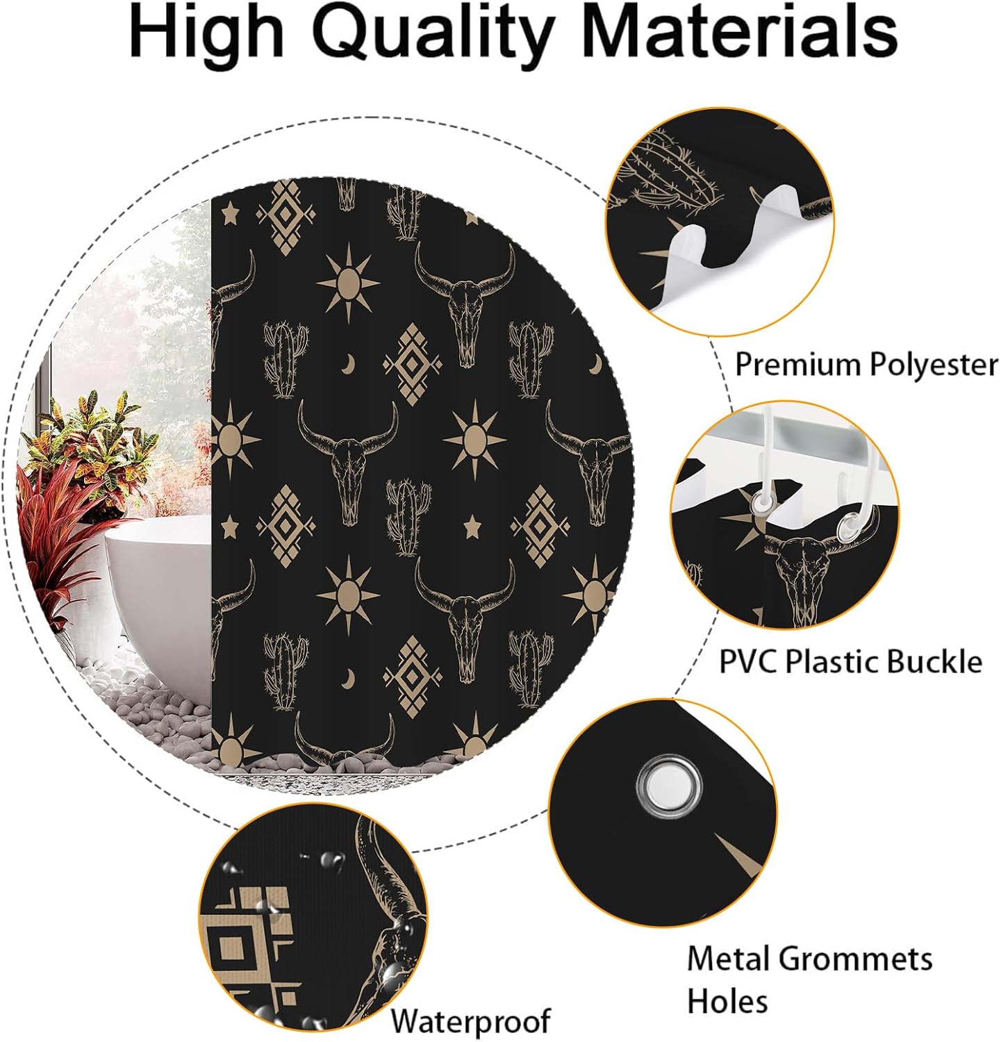 Western Cow Skull Shower Curtain, Black Gold West Shower Curtain Set Cactus Cow Skull Farmhouse Bath Curtain, Polyester Fabric Waterproof Bathroom Accessory Set with 12 Hooks 72x78 inch