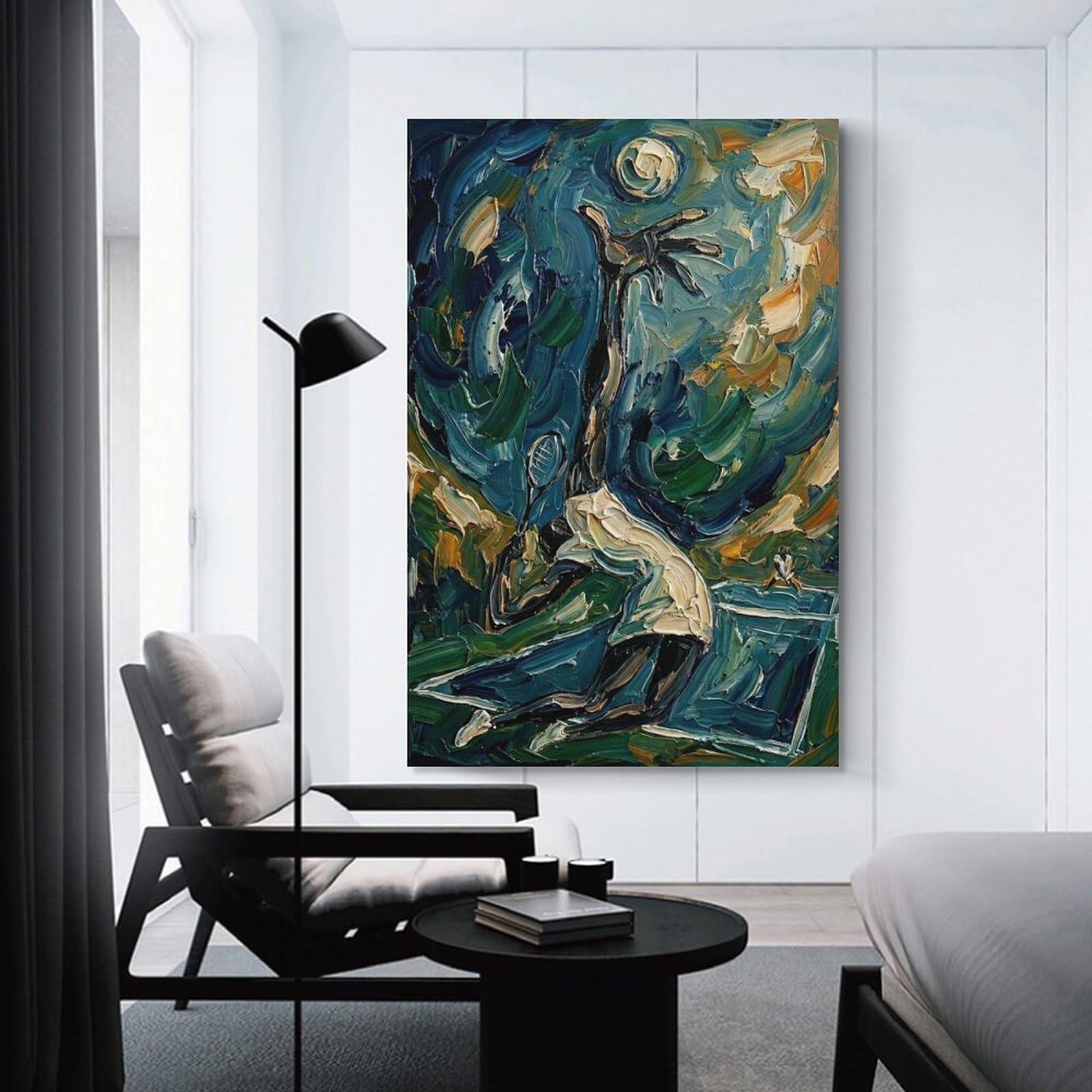 Junmoney Unframe-Style-14 Hanging Wall Art Impressionistic Tennis Player Reaching For Moon, 20X30inch(50X75cm), For Entryway, Lounge Links Or Small Walls, A Neat Decor Update For Hallways