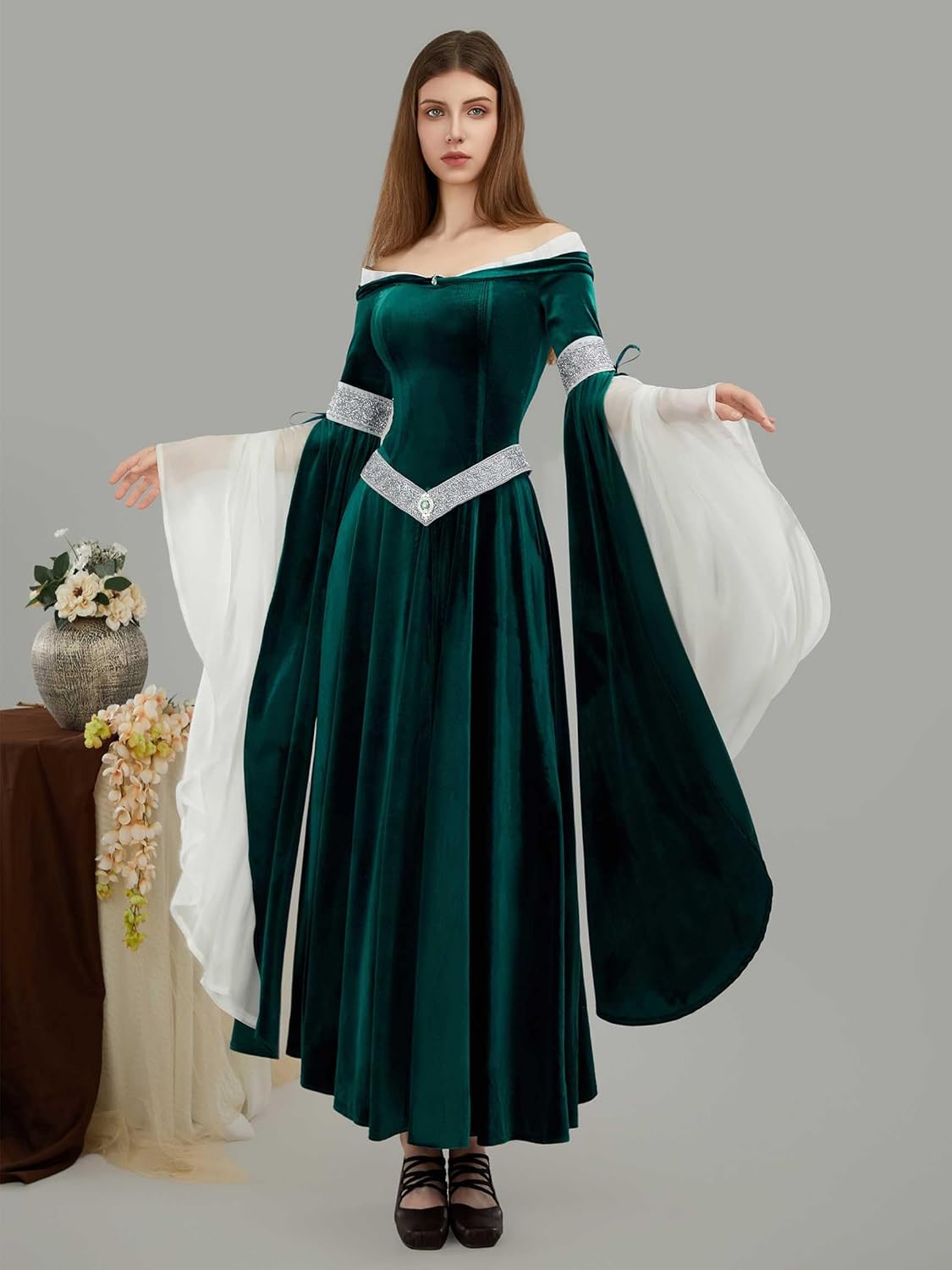 Medieval Renaissance Dress Elf Clothing Retro Gown Dress with Chiffon Sleeves - Image 3