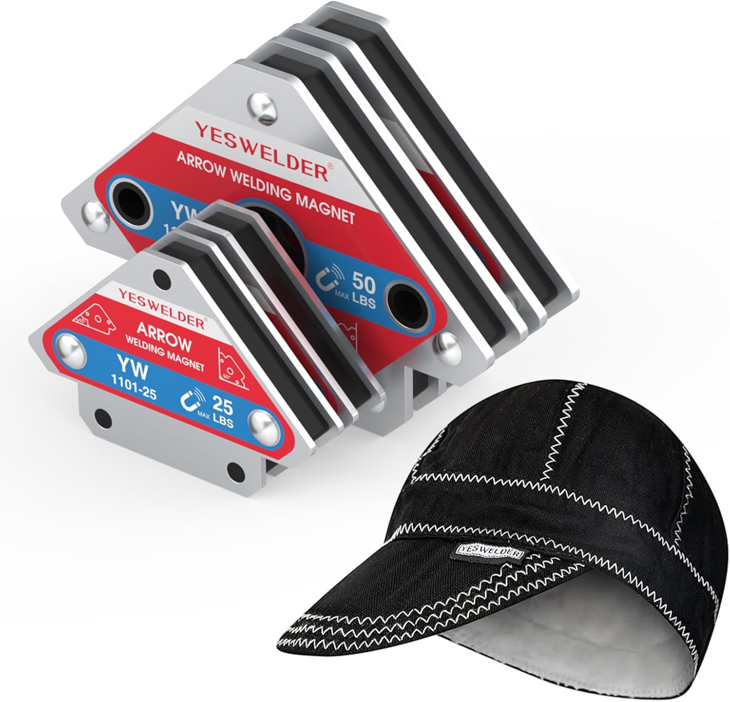 YESWELDER 25 LB & 50LB Welding Magnet-4 Pieces of Magnetic Welding Holder 25 LBS /50 LBs Holding Power & Black Reversible Welding Cap, 7 1/4, Durable, Protective Welders Cap