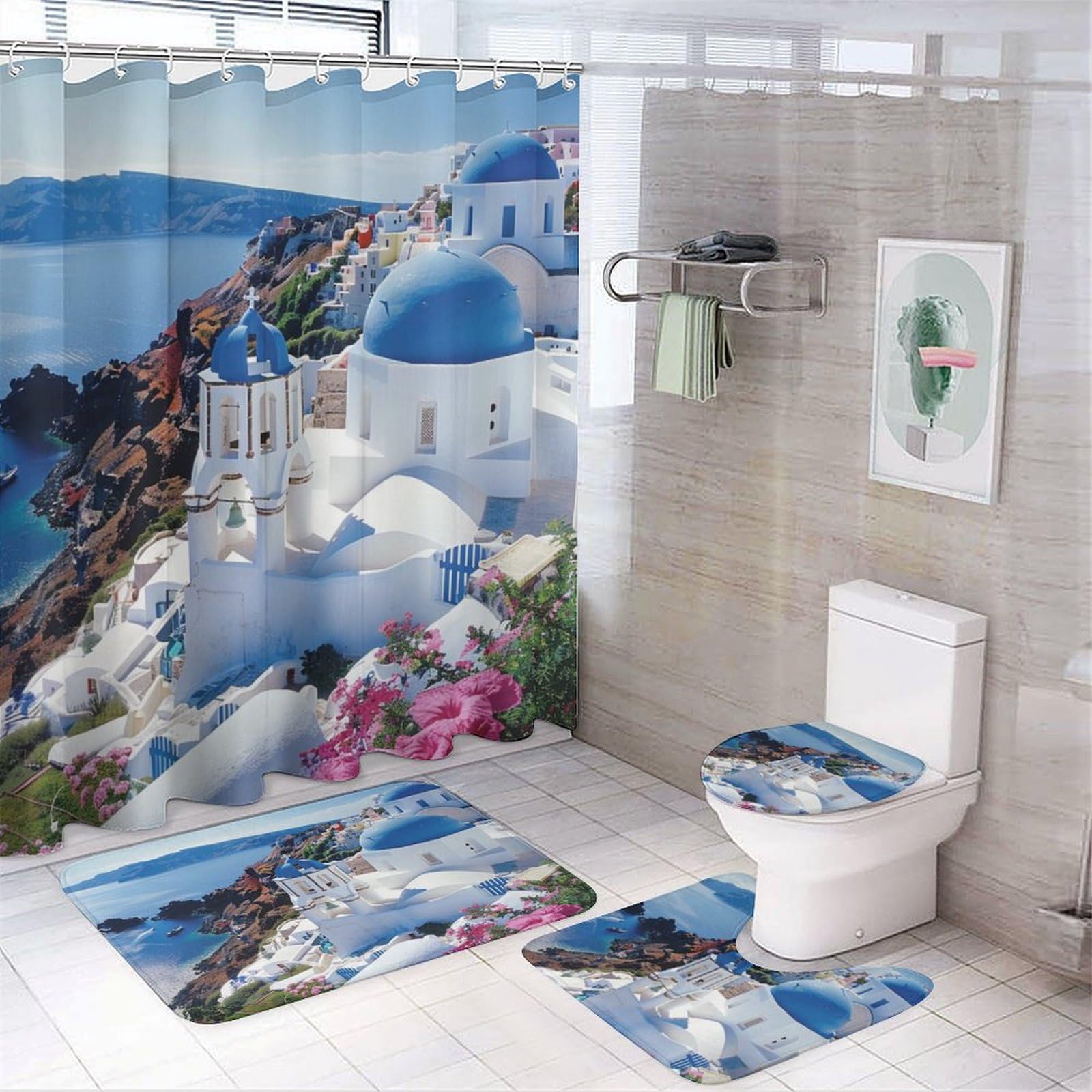 Ensemble Salle De Bain 4 Pièces - Rideau Douche 180x180 Cm + Tapis WC + Housse WC + Tapis Bain - Matériaux EVA Et Flanelle - 7