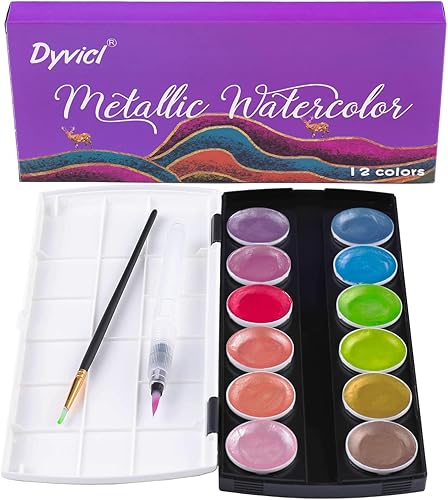 Miniatura 1 de Dyvicl Pinturas de acuarela metálicas con purpurina, 2 generación, 12 colores surtidos, caja portátil con cepillo de agua, detalles metálicos