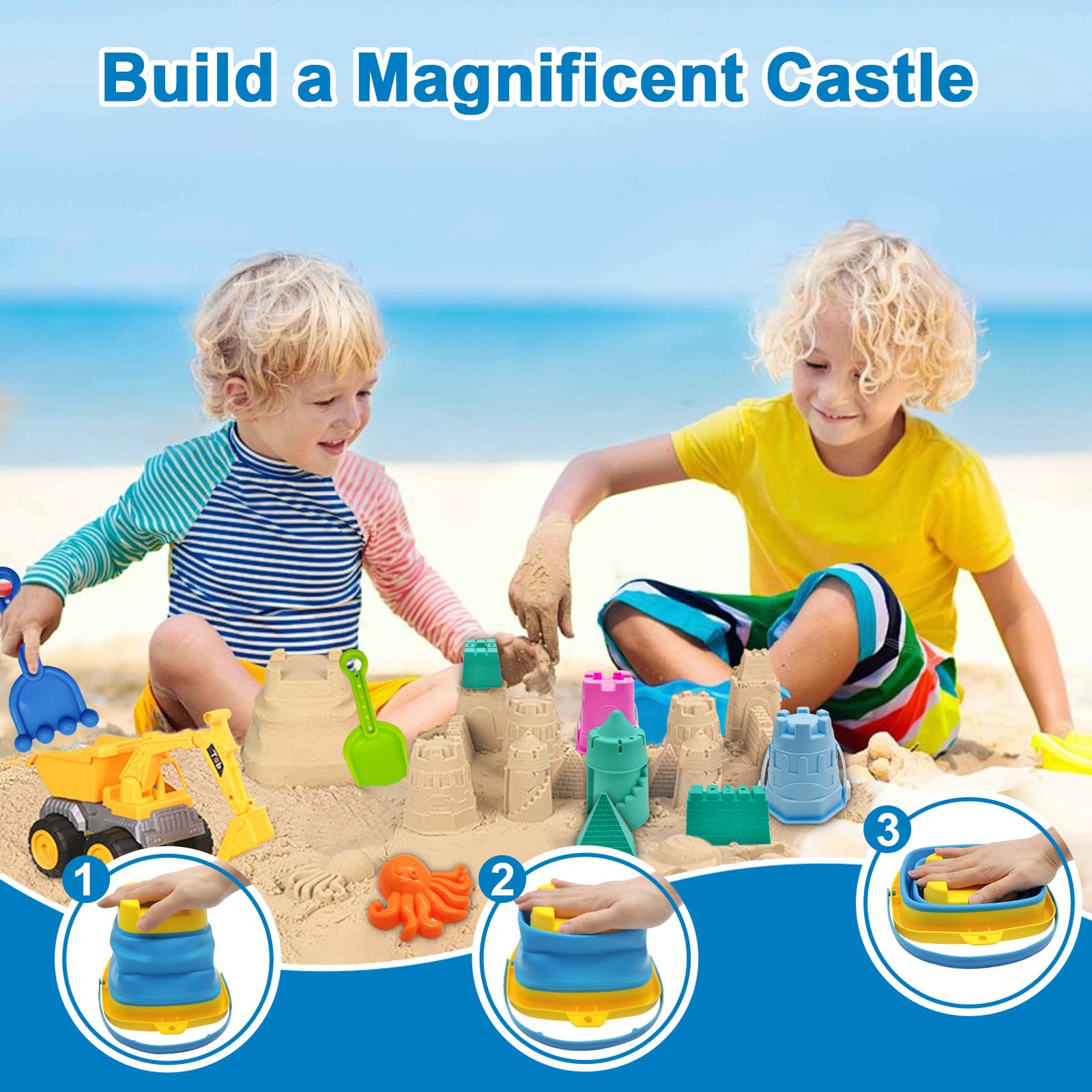 Qingning Juguetes Playa Juguetes de Arena para Niños- 22 Piezas, Juguetes para la Arena con Cubo Plegable, Excavadora, Bulldozer, Pala y Moldes, Bolsa de Malla, Kit de Juegos de Playa al Aire Libre
