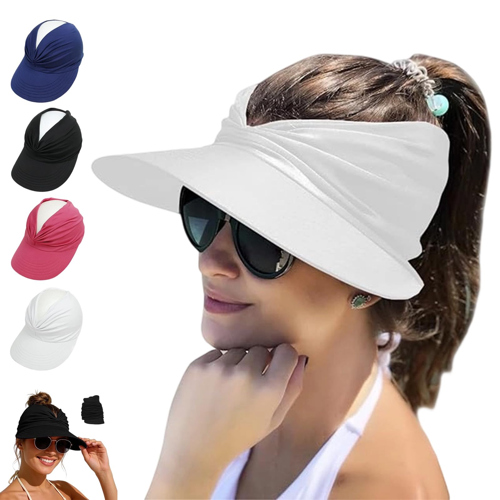 Fjaldjfu Women's White Upf 50+ Uv Protection Sun Visor Hat, Wide Brim Quick Dry Foldable Summer Sun Hats, Beach Hats For (White)