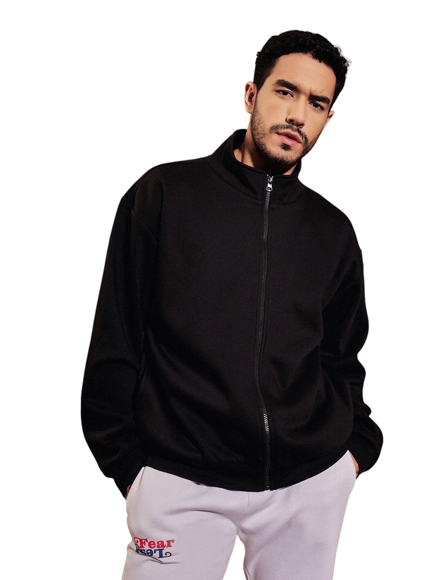 SASSAFRAS Black Front Zipper Oversized Sweatshirt in black