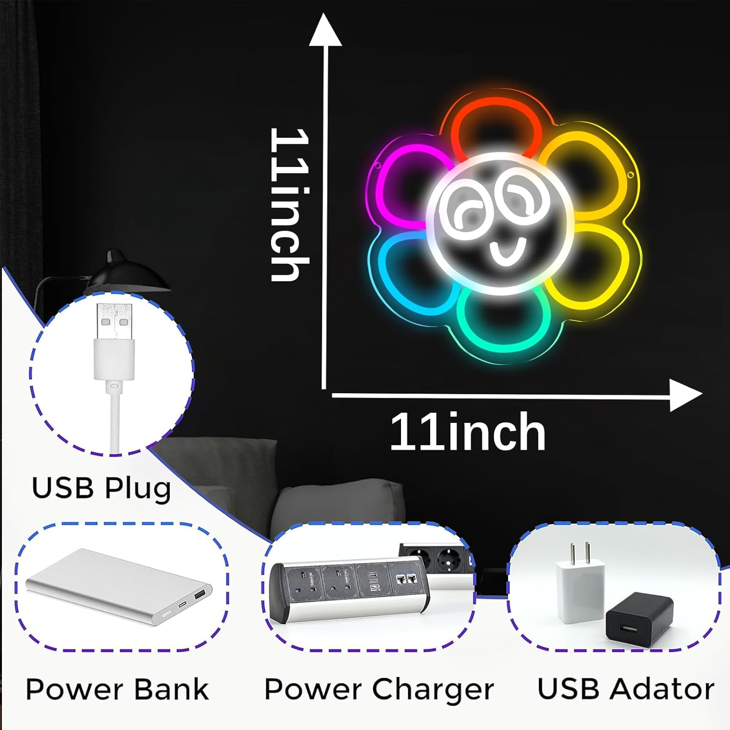Sunflower Neon sign Dandy Sign Smile Face LED Neon Light for Wall Decor, Dimmable Rainbow Flower Light for Bedroom Bar Wedding Party Children's Room, Christmas Gift for kids - Image 5