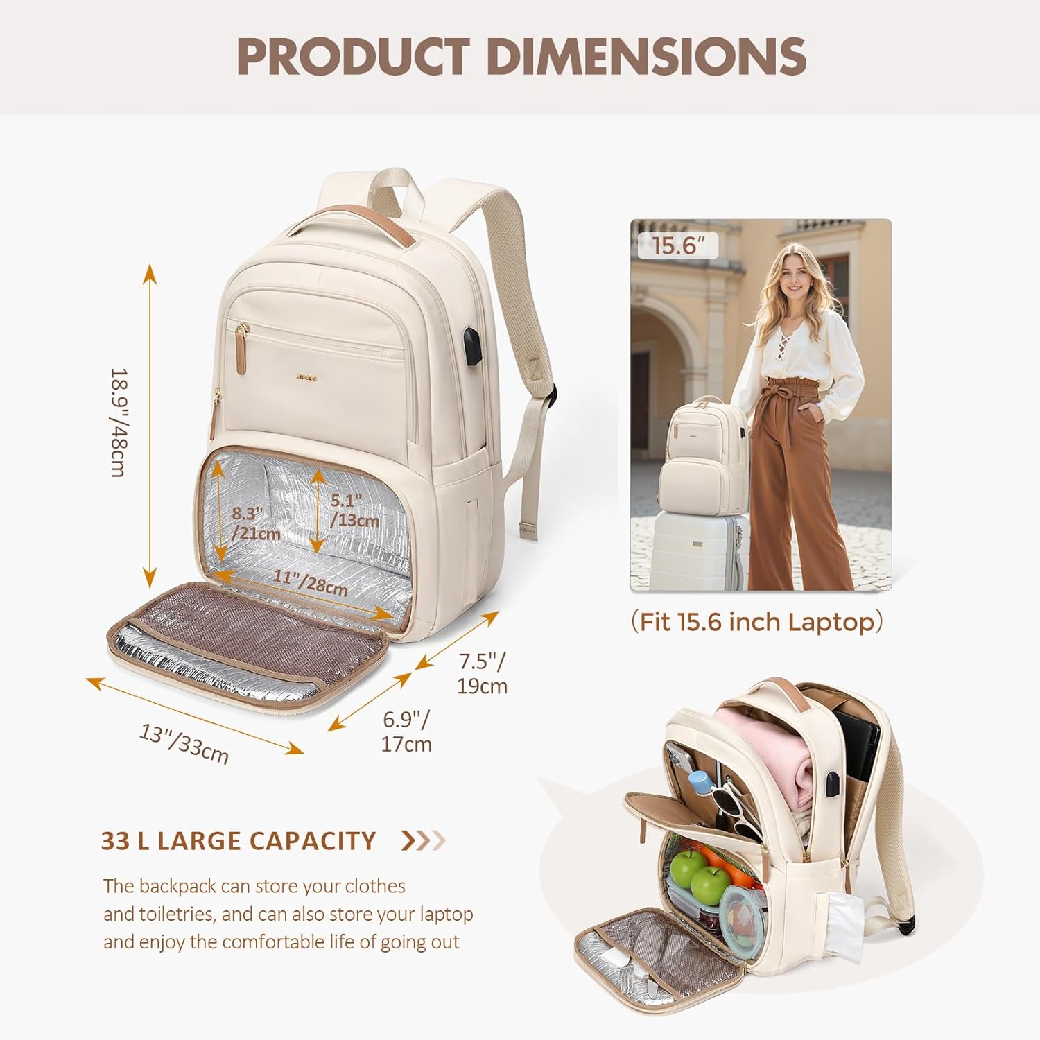 Lunch Backpack for Women Men,15.6Inch Insulated Lunch Box Backpack with USB Charging Port, Diaper Laptop Back pack for Travel Picnic Work Teacher Nurse,Beige - Image 2