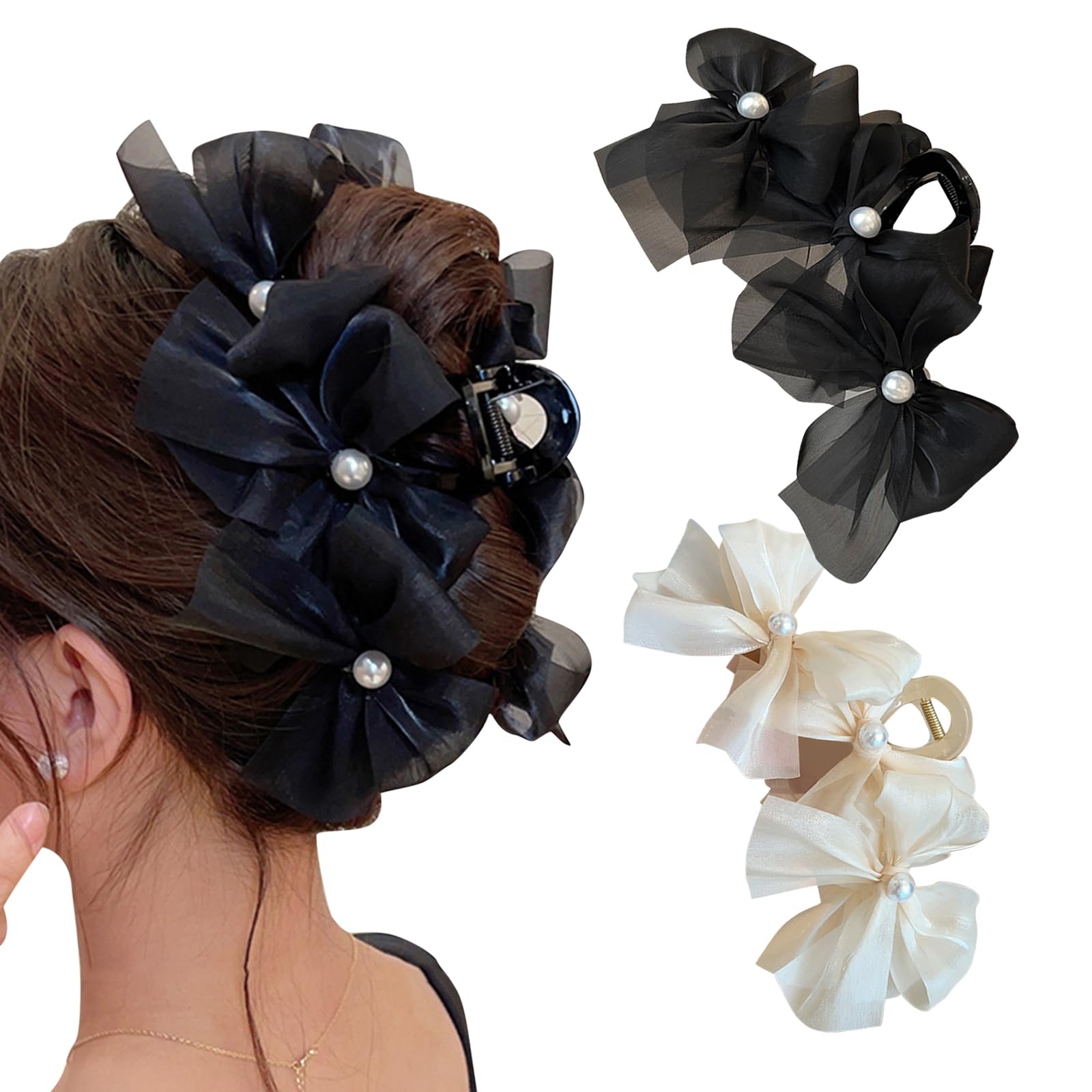 SouartsChiffon Silk Floral Hair Bows and Clips - Large Bubble Bow Claw Clips for Long Thick Hair