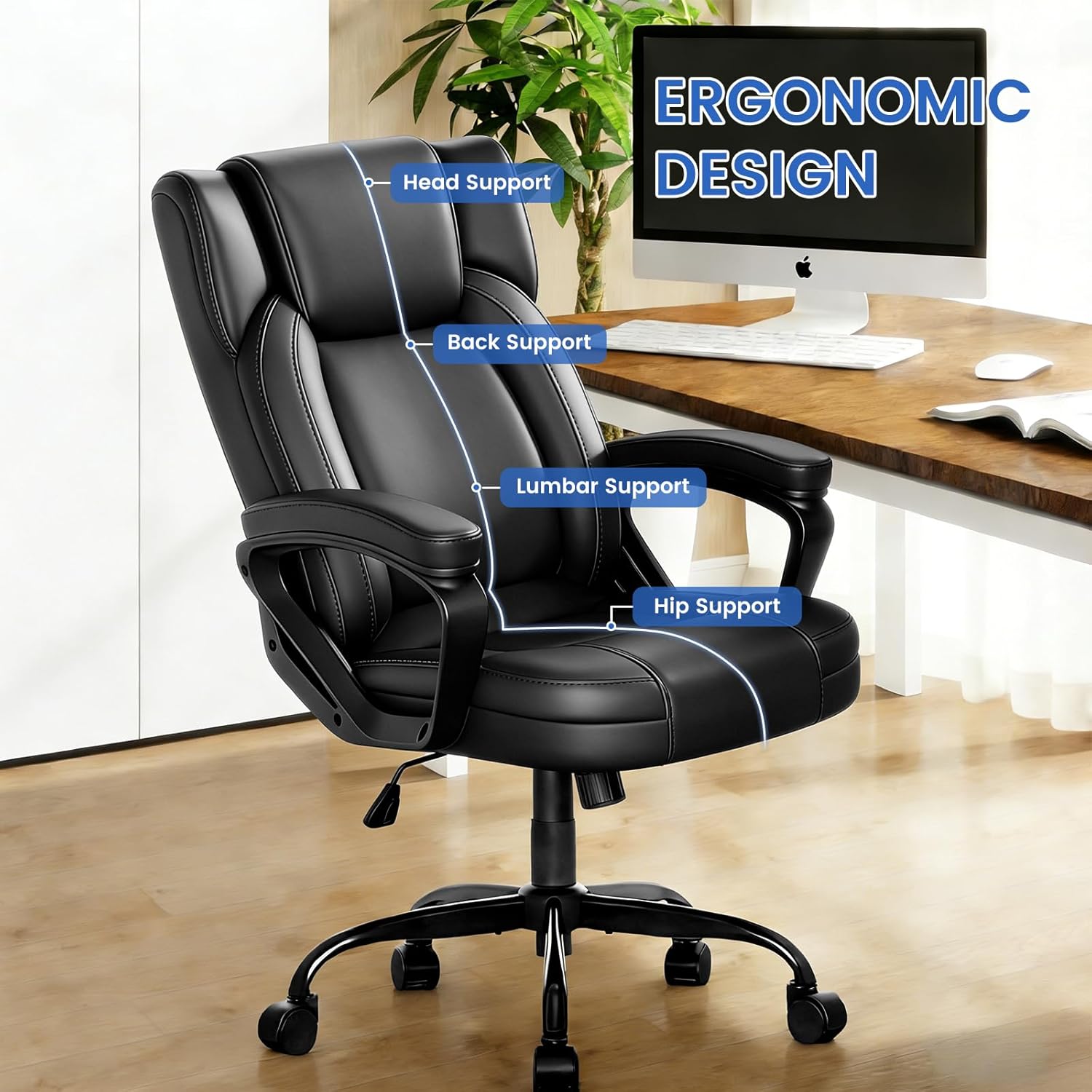 WAYTRIM Ergonomic Office Chair Home Office Desk Chair Comfy High Back Swivel Computer Chair Leather Managerial Executive Rolling Chair with Lumbar Support, Adjustable Height (Black)