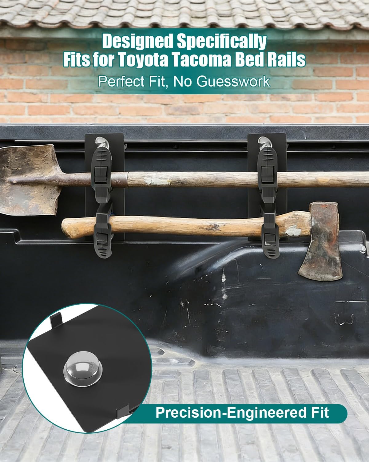 Bed Rail Tool Mount Brackets Fits for Toyota Tacoma, Heavy Duty Steel No-Drill Cargo Rail Mounts for Shovel Axe Hammer, Anti-Rust with Rubber Padding & Reflective Strips