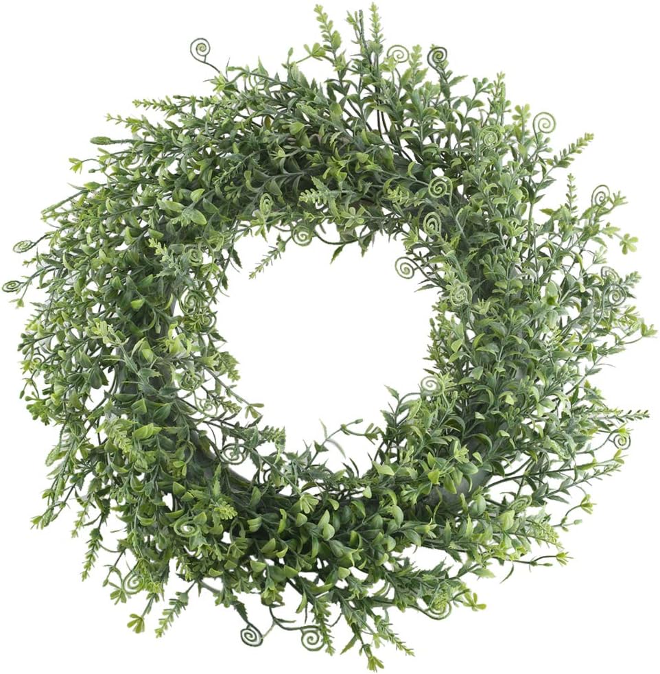 XYXCMOR 17" Boxwood Wreath Artificial Green Leaves Farmhouse Wreath Hippocampus Grass Faux Greenery Wreath Spray for Spring Front Door Summer Wreath Window Wall Porch Home Party Decor
