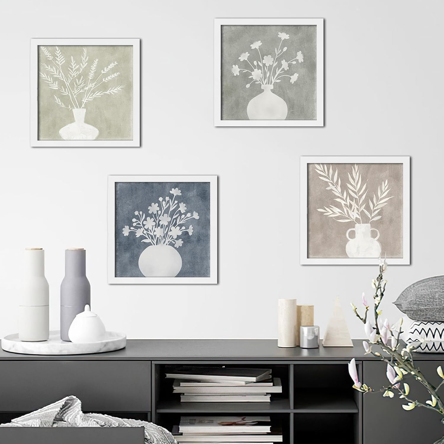 Pinetree Art Framed Boho Botanical Wall Art Set of 4, Plant Floral Wood Prints, Rustic Farmhouse Vintage Decor for Kitchen Living Room (White)