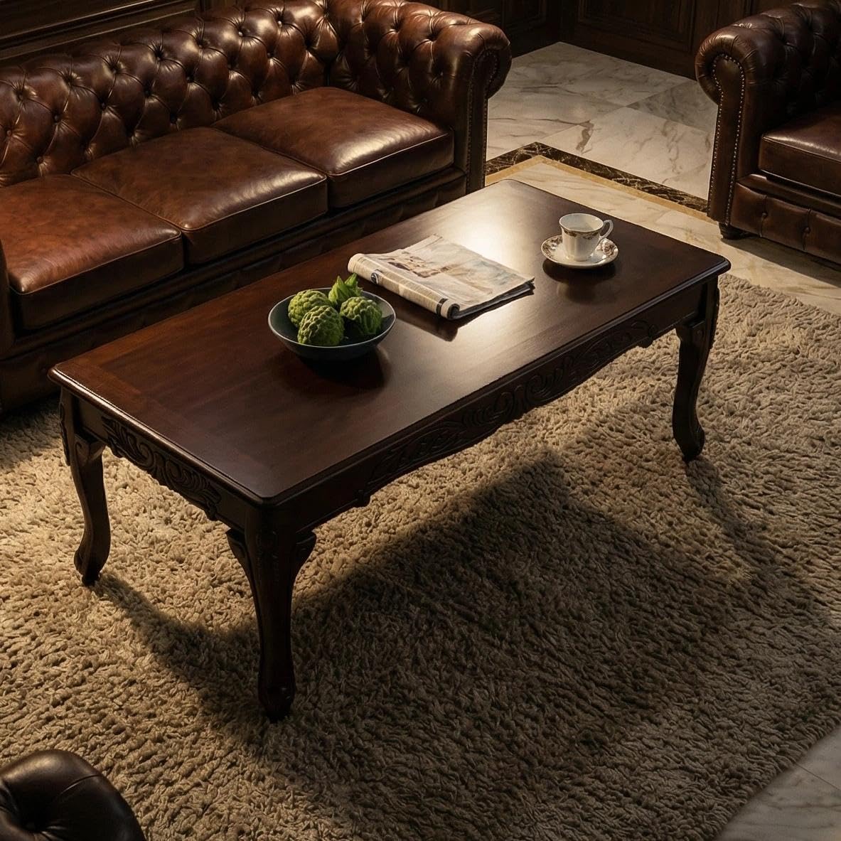 Traditional Dark Cherry Wood Coffee Table for Living Room, Vintage Ornate Rectangle Coffee Table with Claw Feet, Classic Wooden Center Table 48x24 inch