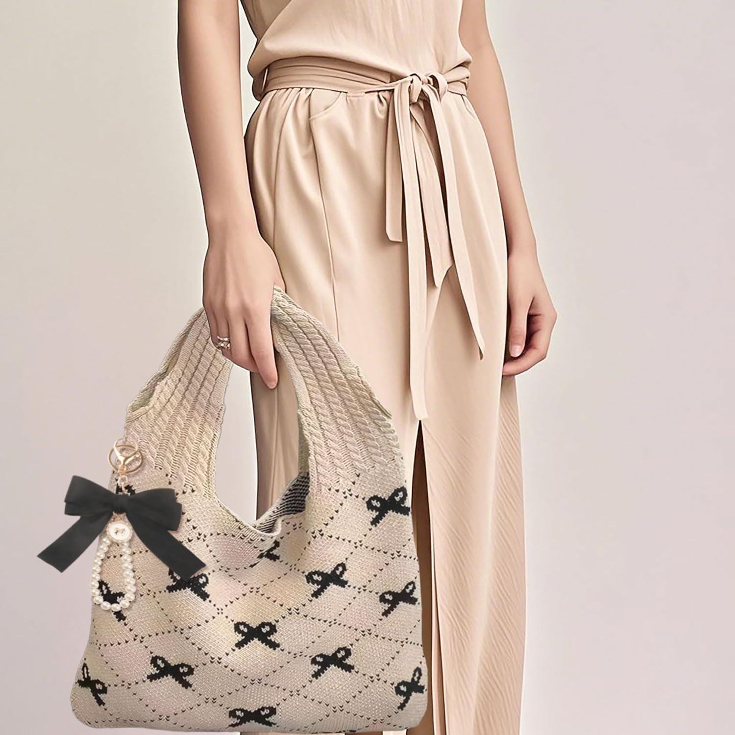 JeVenis Pink Crochet Tote Coquette Bow Aesthetic Hobo Bag for Women Beach Mesh Knitted Shoulder Bag Boho Shoulder Handbag - Image 2