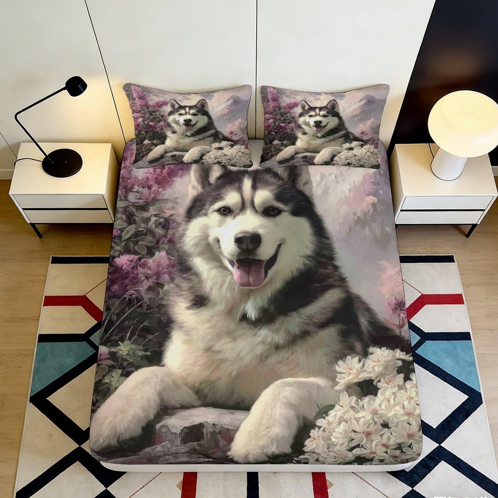 3D Printed Husky Dog Fitted Sheet Microfiber Soft Breathable Floral Garden Mattress Cover for Bedroom Dorm Decor 120x200x25cm
