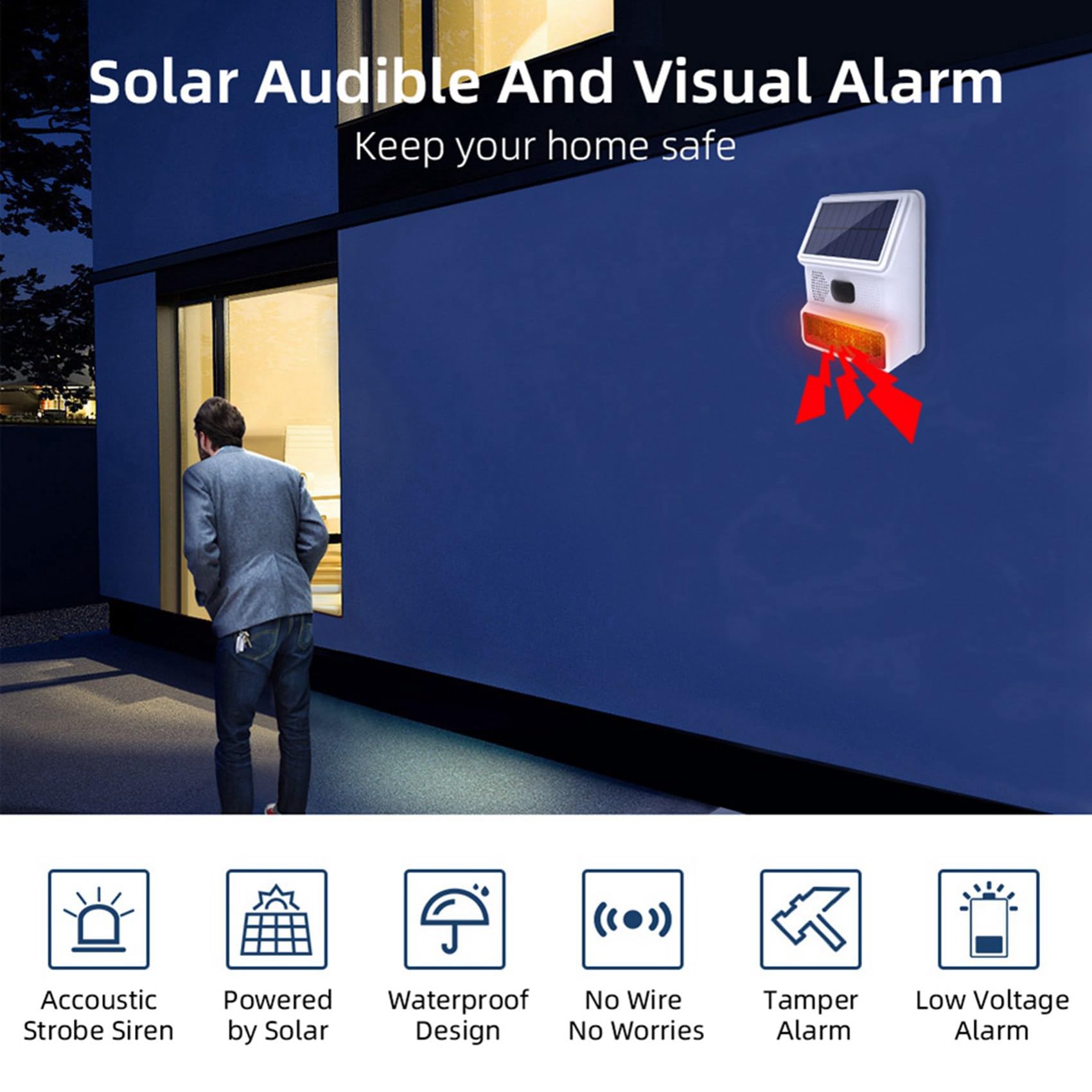 2X Alarma Estroboscópica Solar Inalámbrica, Luz con Sonido, Flash, Sirena de Alarma para Exteriores para de Alarma Wifi GSM de 433MHz para el Hogar y la Granja