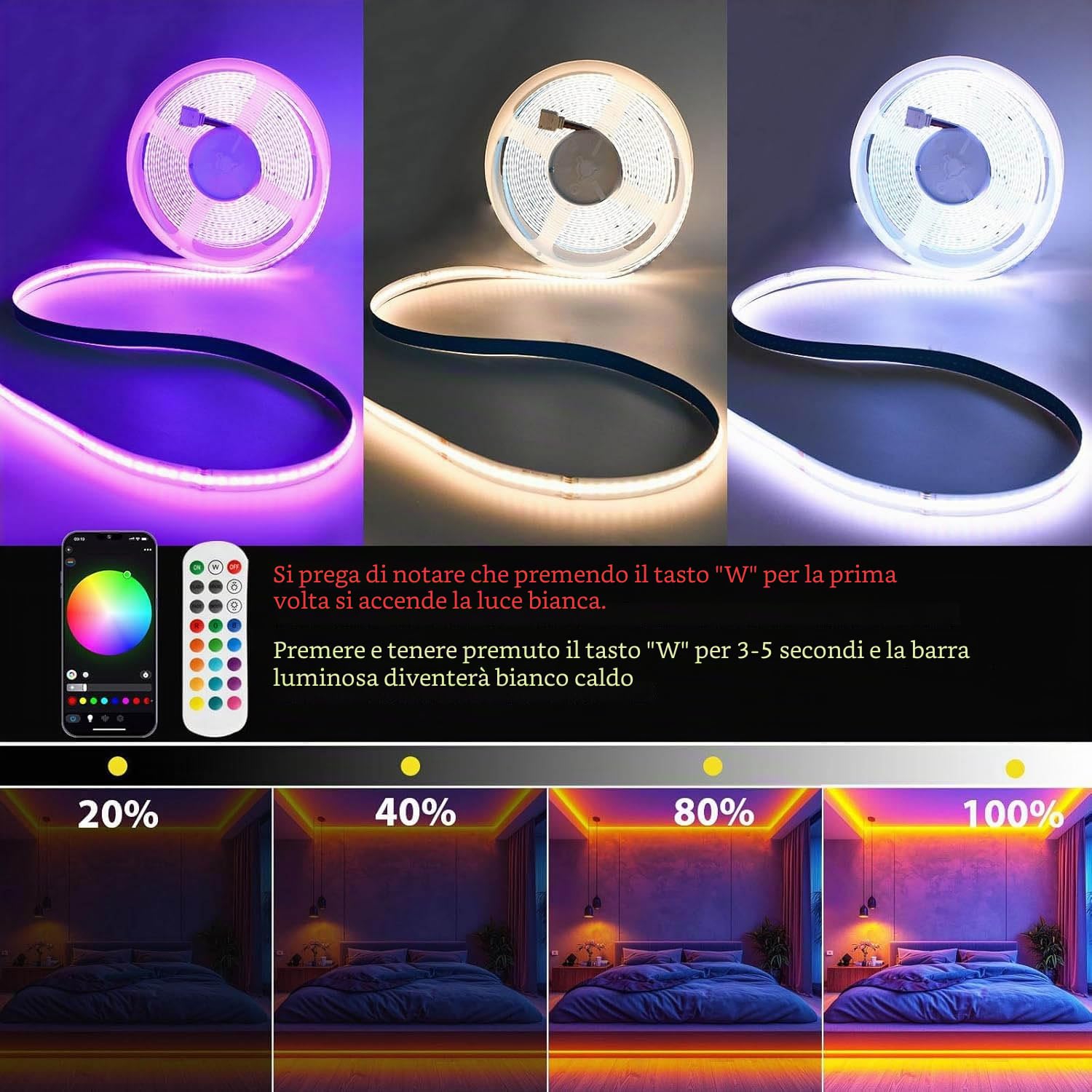 Striscia luminosa LED intelligente da 10 m, WIFI COB RGBW+bianco caldo, 24 V, 672 LED/M, 6720 LED, funziona con Google Home Assistant/Alexaz