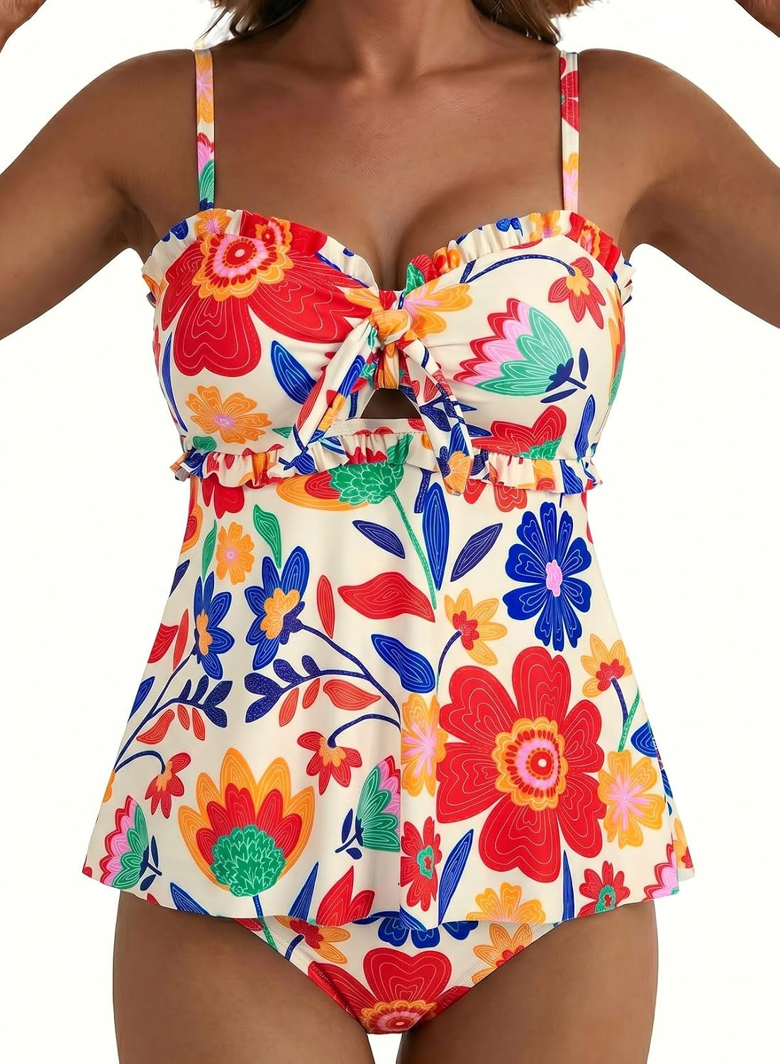Aleumdr Women's Tankini Swimsuits Tie Knot Ruffle Printed Two Piece Bathing Suit Flowy Swim Top with High Waisted Bottom