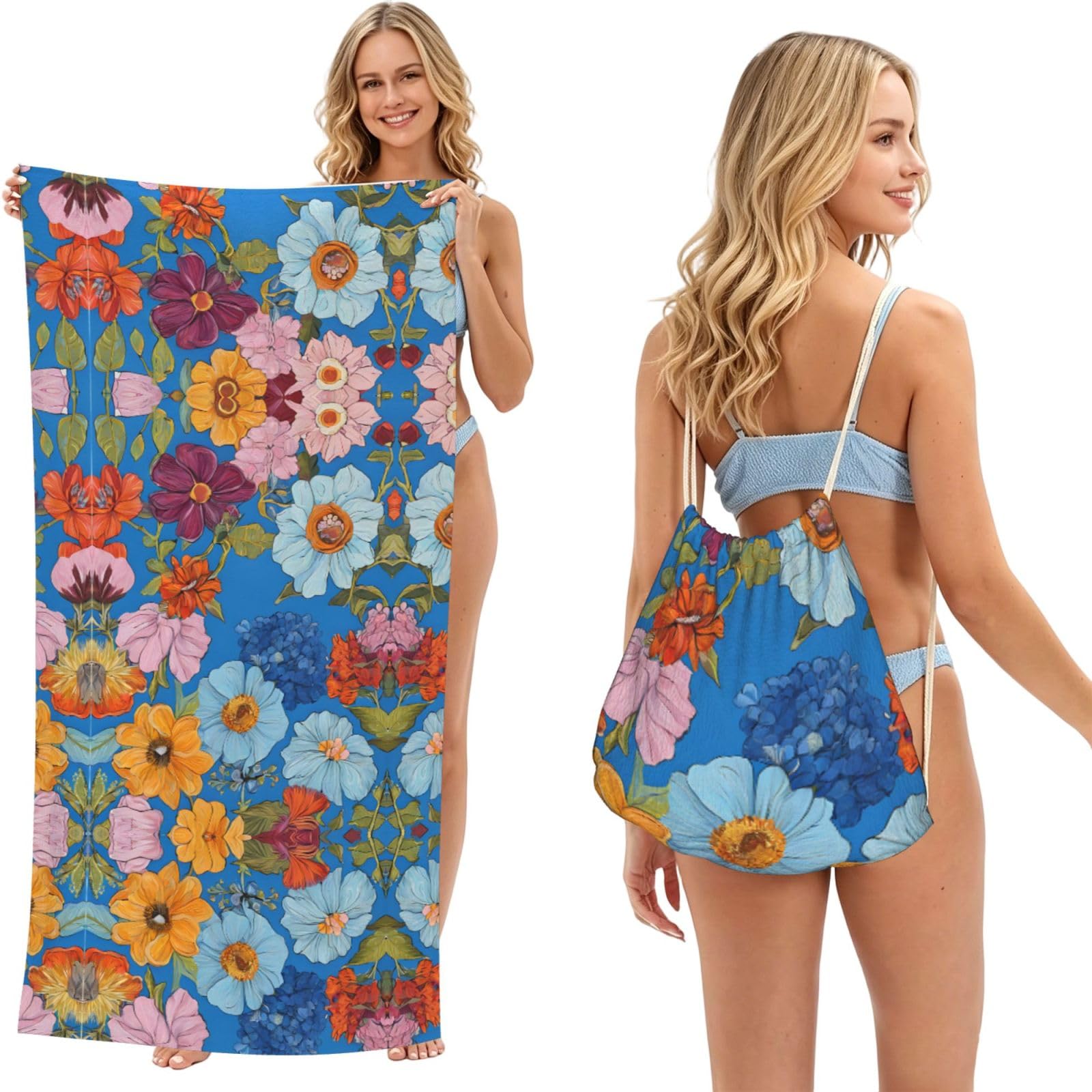 ESNAIUVCD Hello Hawaii Print Beach Towel For Adults,Towel With Drawstring Bag, Travel Pool Swimming Sports Shower Sand Free Quick Dry Bath Towel For Pool, Beach, Yoga- 180x60cm