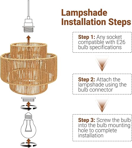 Miniatura 7 de Lámpara colgante de ratán - iluminación colgante de 16.4 pies con cable enchufable, enchufe a toma de pared, interruptor de encendido y apagado;
