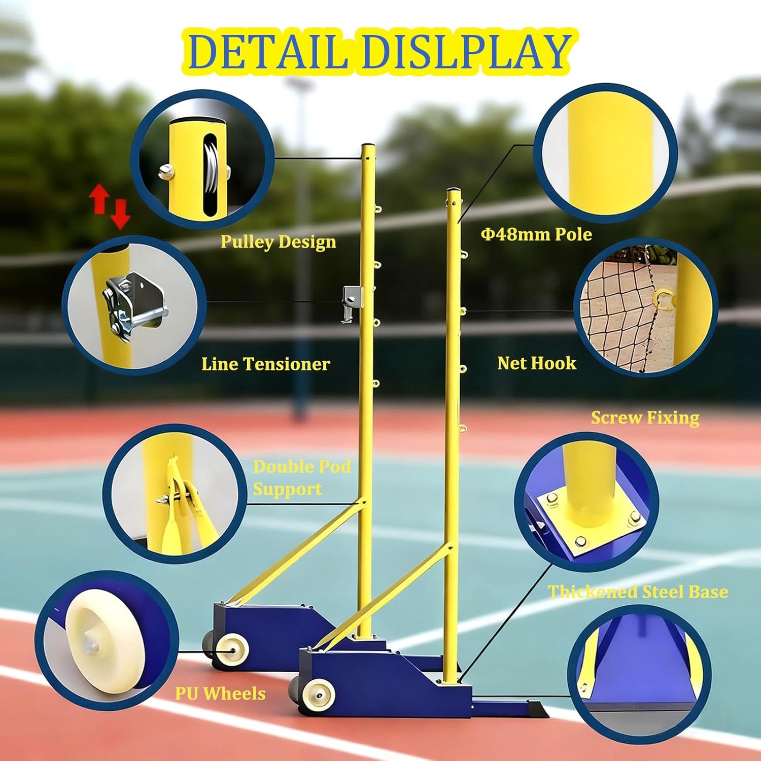 Upgraded Badminton/Soft Volleyball Poles with Adjustable Height (5.1-6.9ft), Portable Wheels & Steel Base, Suitable for Backyard, Beach Park, Outdoor Indoor Games