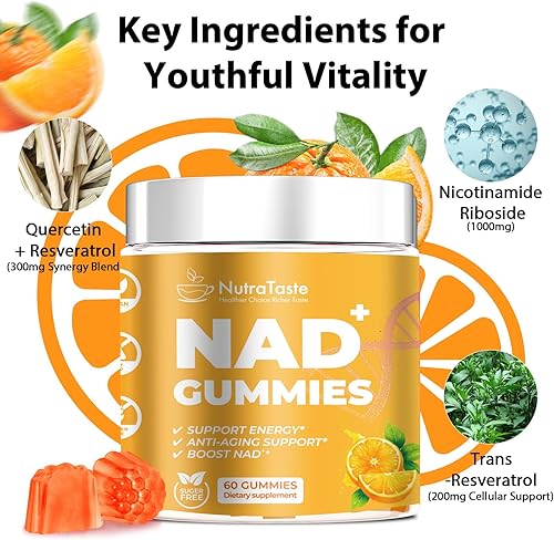 Miniatura 2 de NAD+ - Suplemento de gomitas para antienvejecimiento, energía y refuerzo de concentración, resveratrol, ribósido de nicotinamida, sabor a naranja,