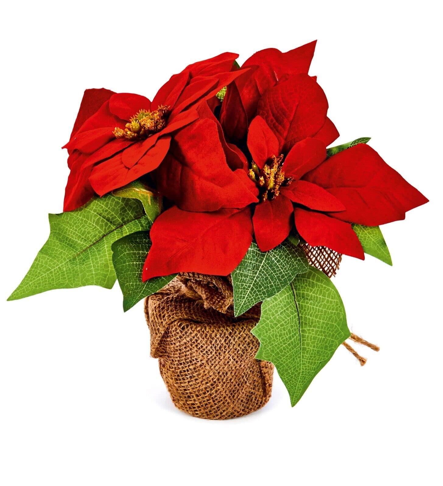 Premier Red Artificial Floral Arrangement Christmas Poinsettia Bouquet In Hessian Pot 24Cm Tall