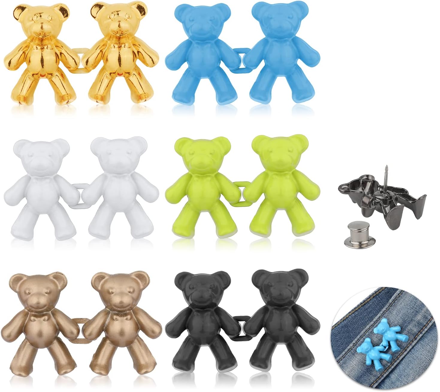 AIEX 6 Pairs Jean Buttons Pins for Loose Jeans, Cute Bear Button Jeans No Sew & Tools Detachable Pant Waist Tightener Adjustable Buckle Extender (6 Colors), Blue,Gray,Green,White (B27099)