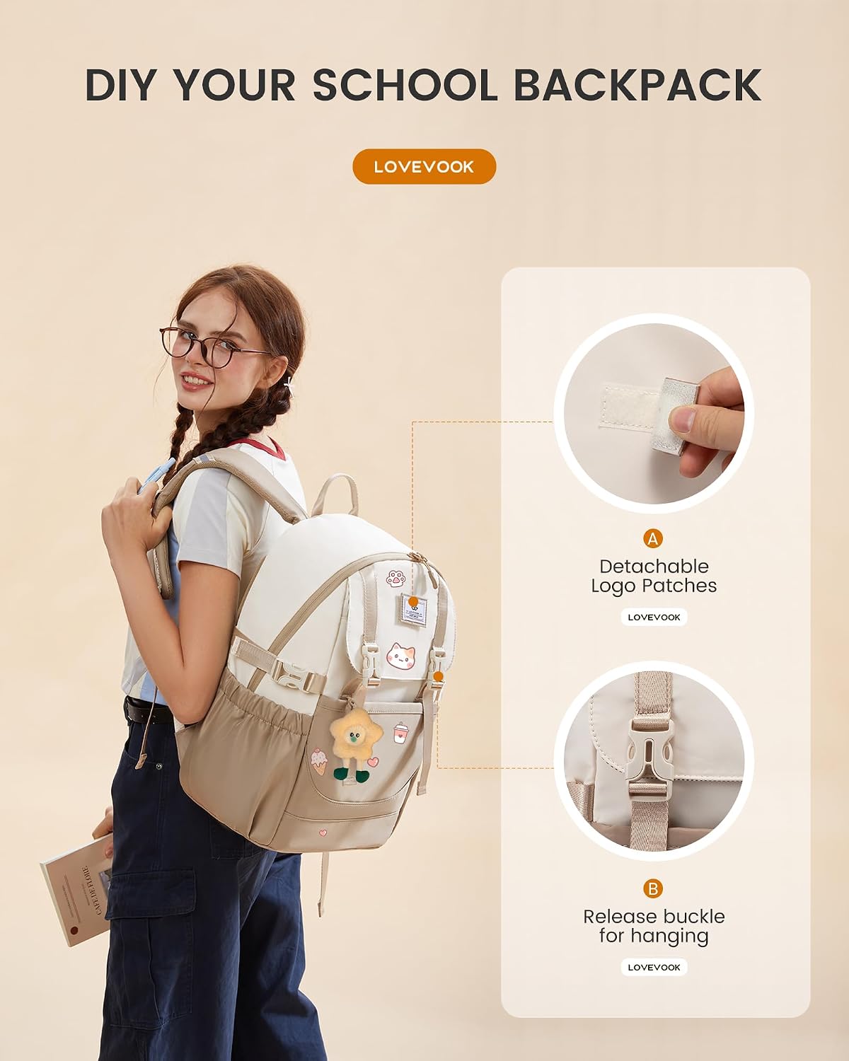 LOVEVOOK School Backpack for Teen Girls, Waterproof Travel College Bookbag for Middle High School with Large Cup Holder & Pencil Case, Fits 15.6'' Laptop, Cute Aesthetic Kids Student Backpack