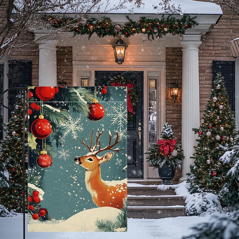 Winter Reindeer Snowflake Garden Flag for Outside, Xmas Ball Welcome Christmas Yard Flag 12x18 Inch Double Sided Burlap Holiday Farmhouse Home Decoration Outdoor Flag - Image 6