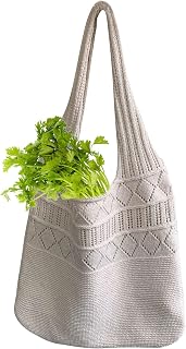Knit Tote Bag, Women Crochet Beach Bags, Retro Summer Hobo Bag, Mesh Hollow Knitted Women Shoulder Bag, Boho Vintage Solid Color Simple Hollow Out Design Japanese and Korean Bag for Leisure Day
