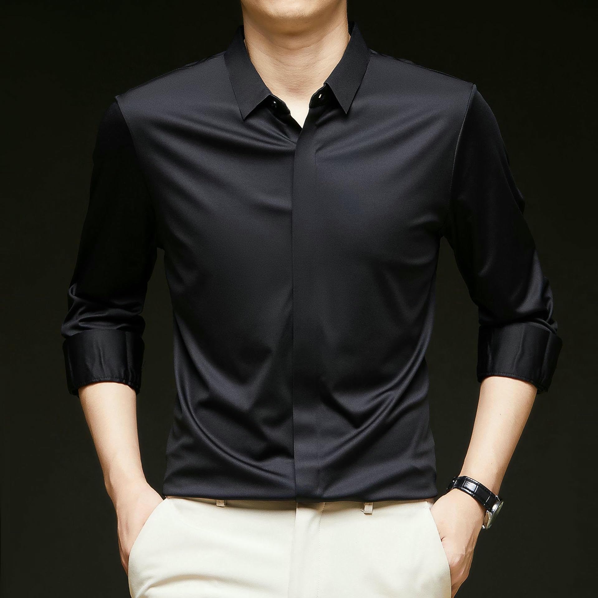 Camisa de manga larga para hombre, para primavera, otoño, color liso, con solapa, seda, sin costuras, informal, elástica, para hombre