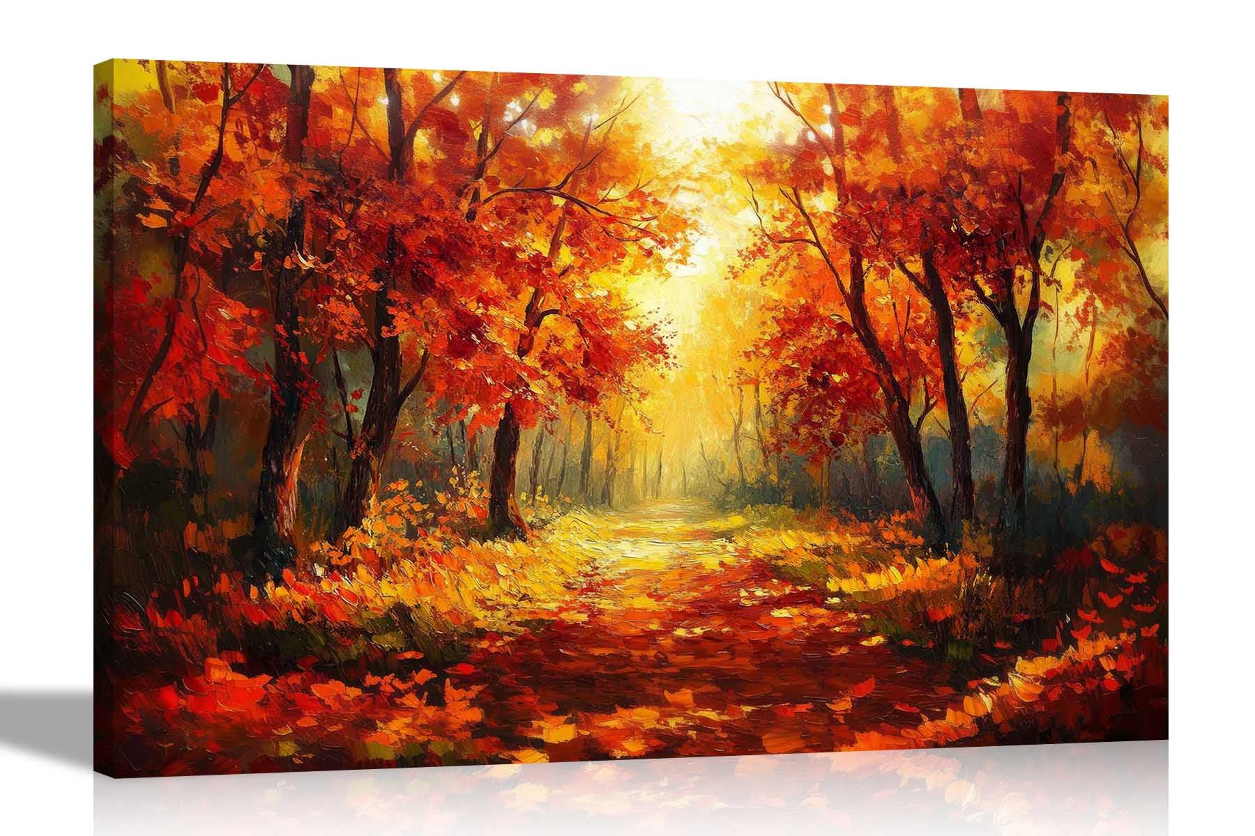 Artley Prints - Autumn Forest Sunshine Oil Painting Canvas Pictures Landscape Print for Living Room Décor Nature Home Office 51 x 35cm (20 x 14 inches)